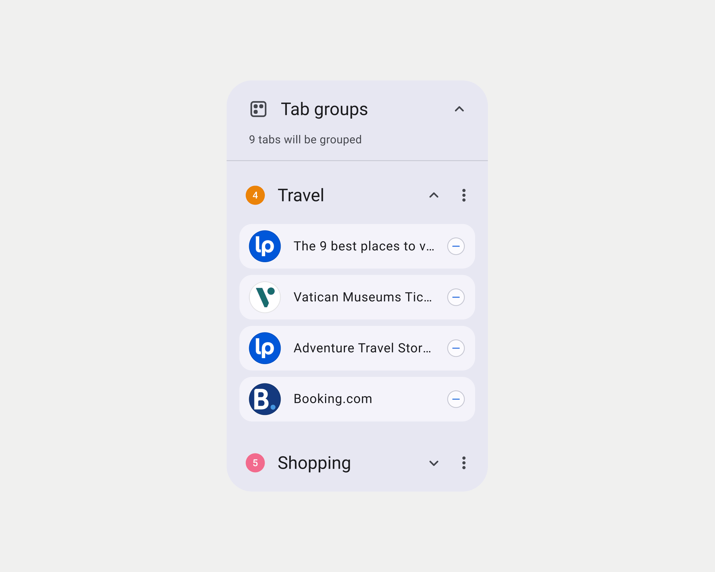 Tab cleanup interface grouping browser tabs into Travel and Shopping categories