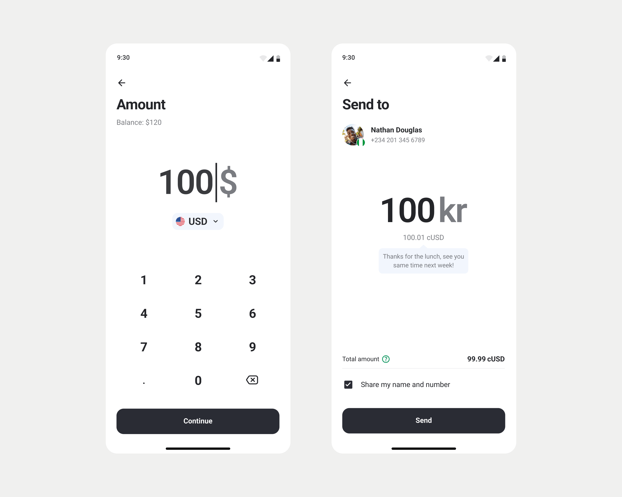 Two MiniPay send-flow screens for entering an amount and reviewing the recipient and total