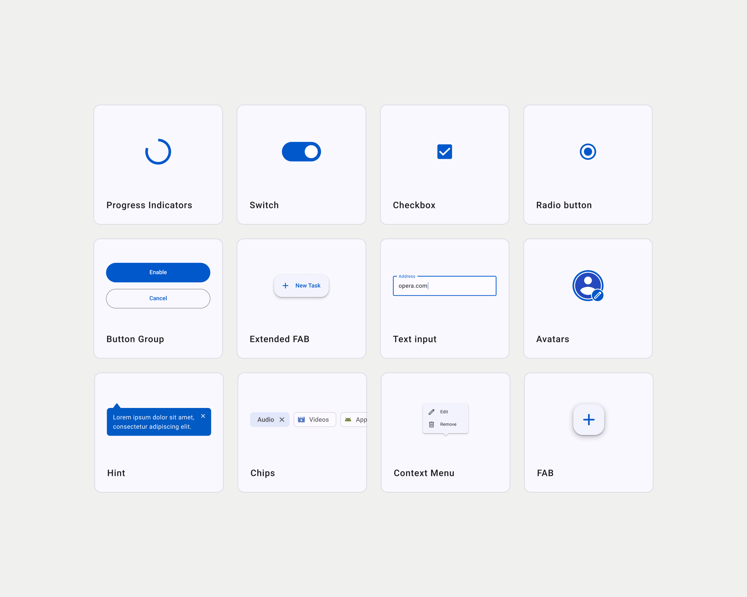 Grid of Opera for Android design system components including controls, inputs, chips, and menus
