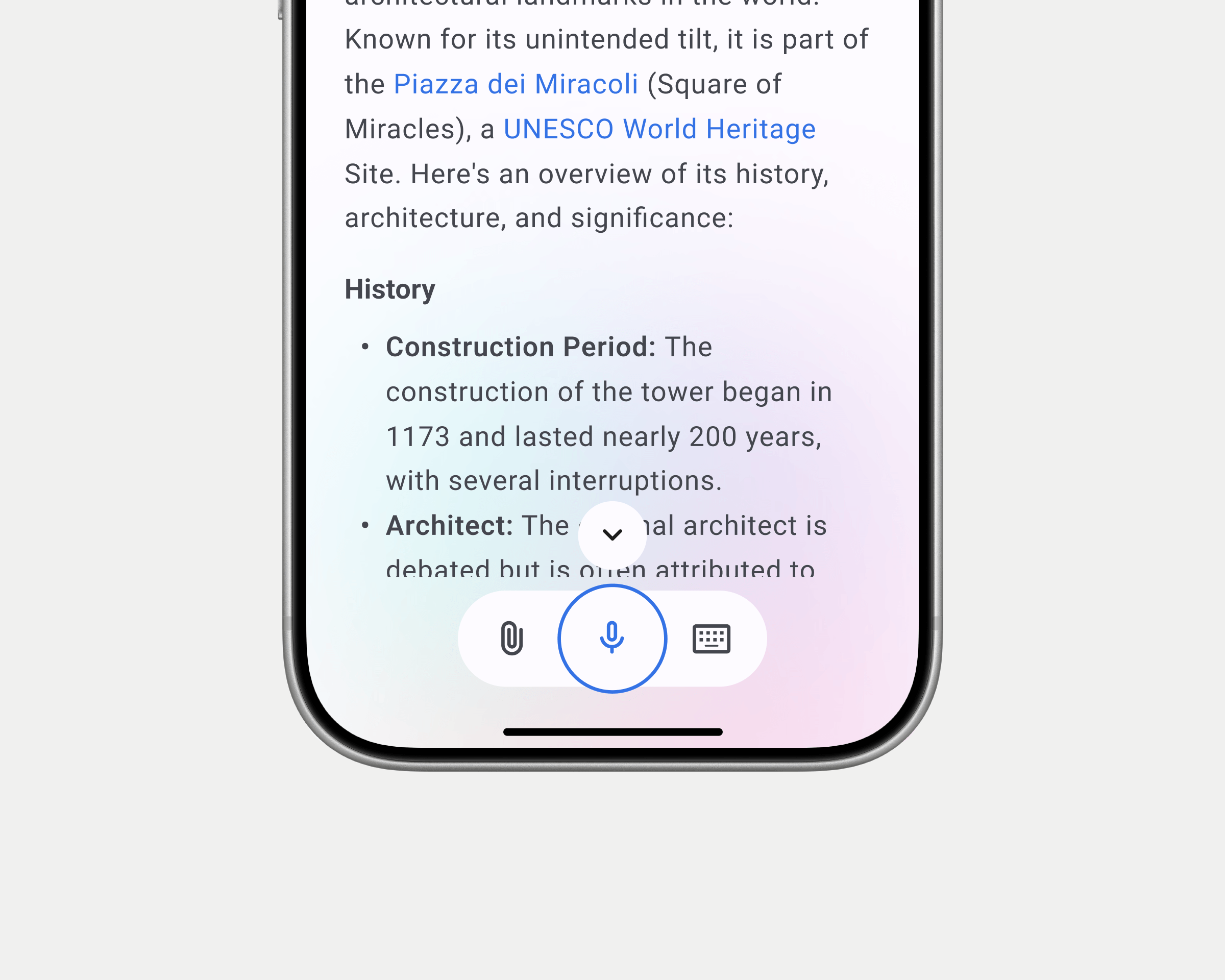 Opera AI chat interface with a scroll-to-bottom indicator above the input controls