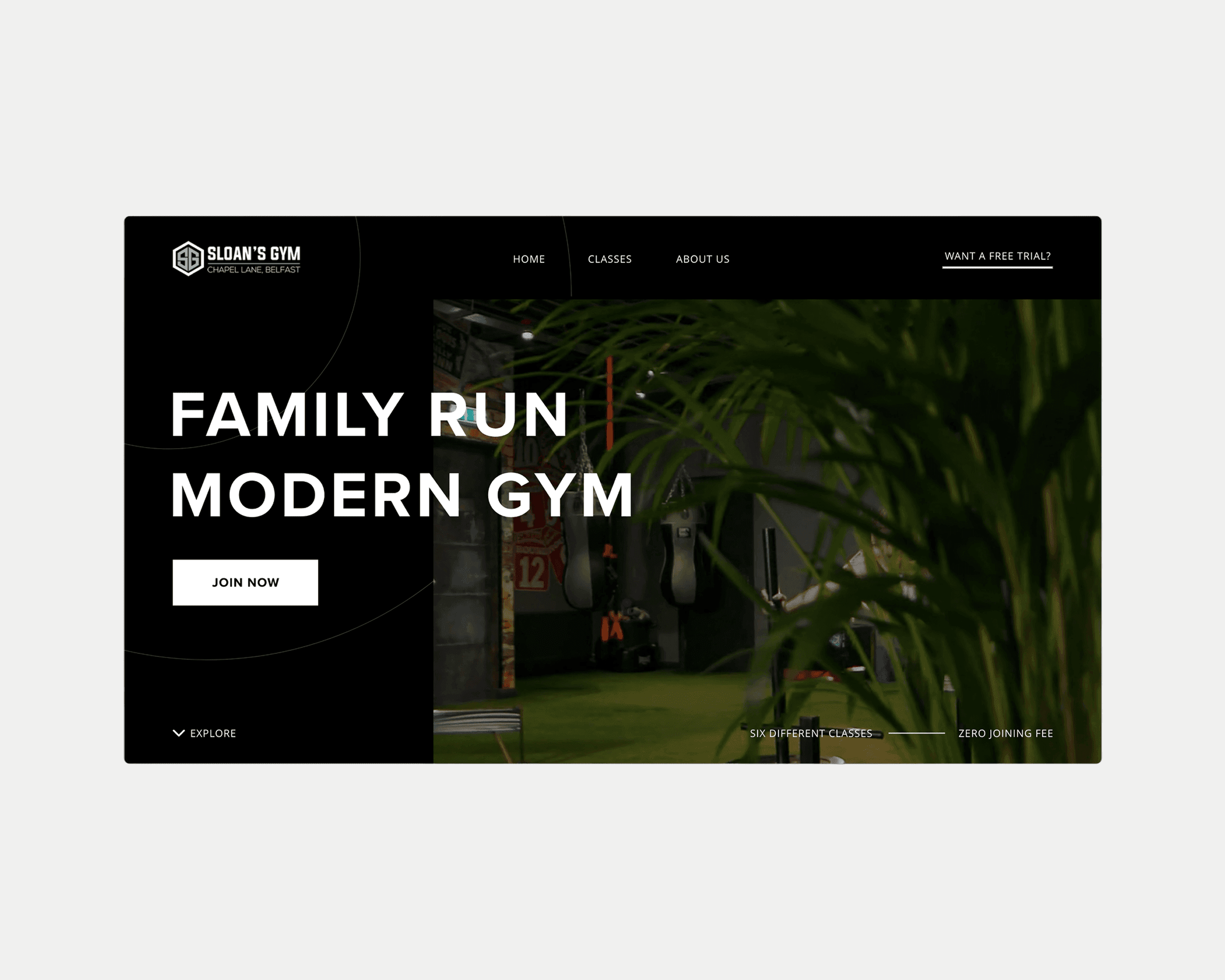 A dark Sloan's Gym landing page with oversized type and a gym interior photograph