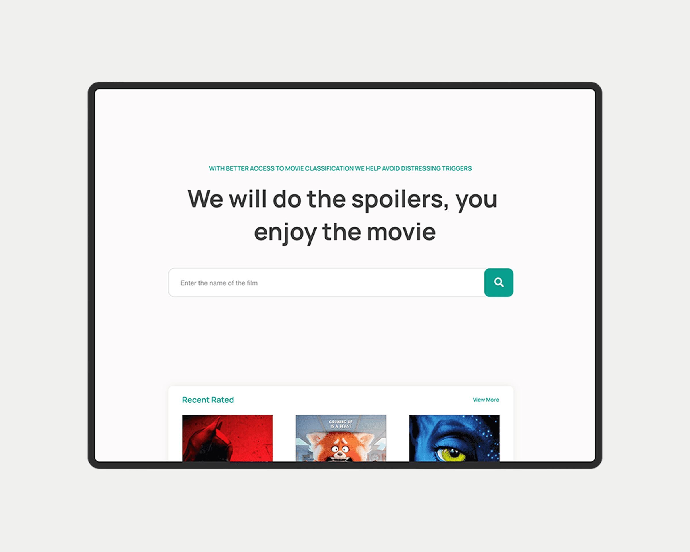 TriggerFree movie search landing page displayed inside a tablet frame