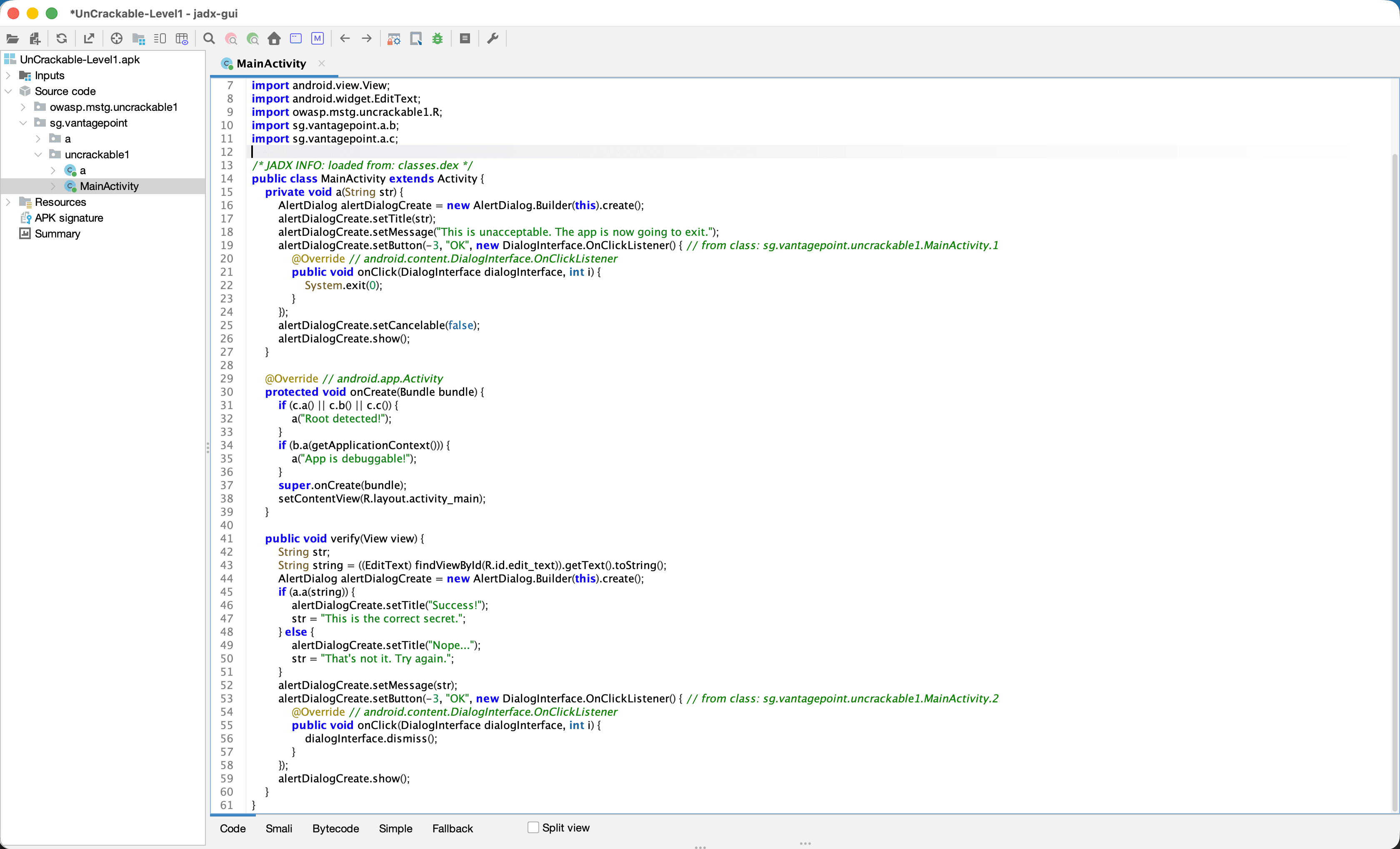 Decompiled MainActivity showing the root and debuggable checks