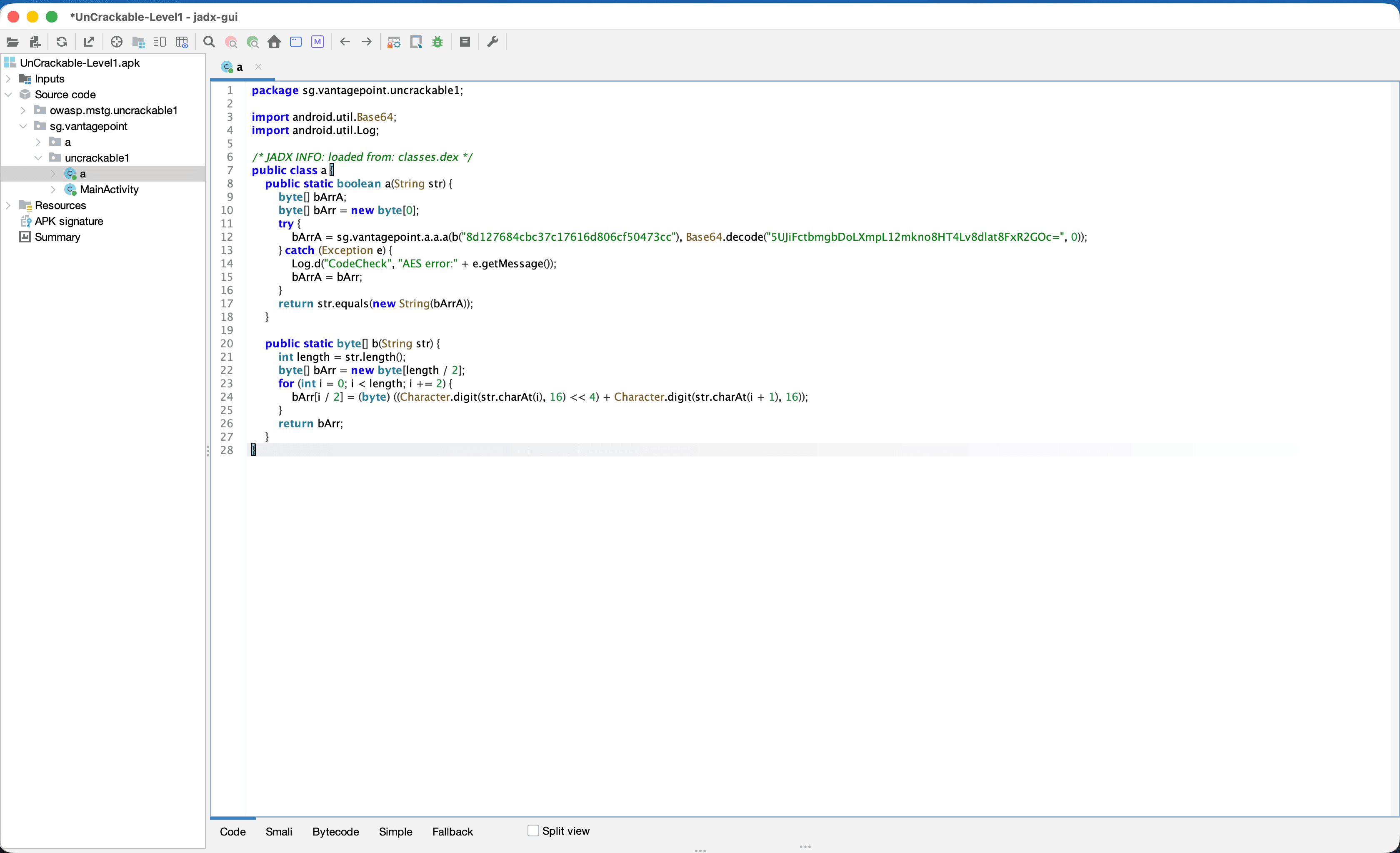 Decompiled verification method containing the AES key and ciphertext