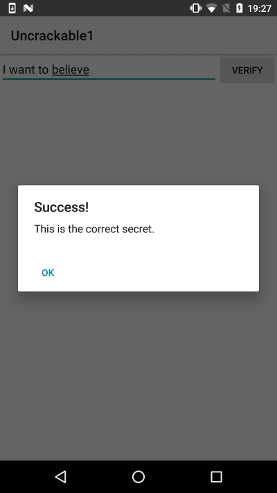 Decompiled verification method containing the AES key and ciphertext