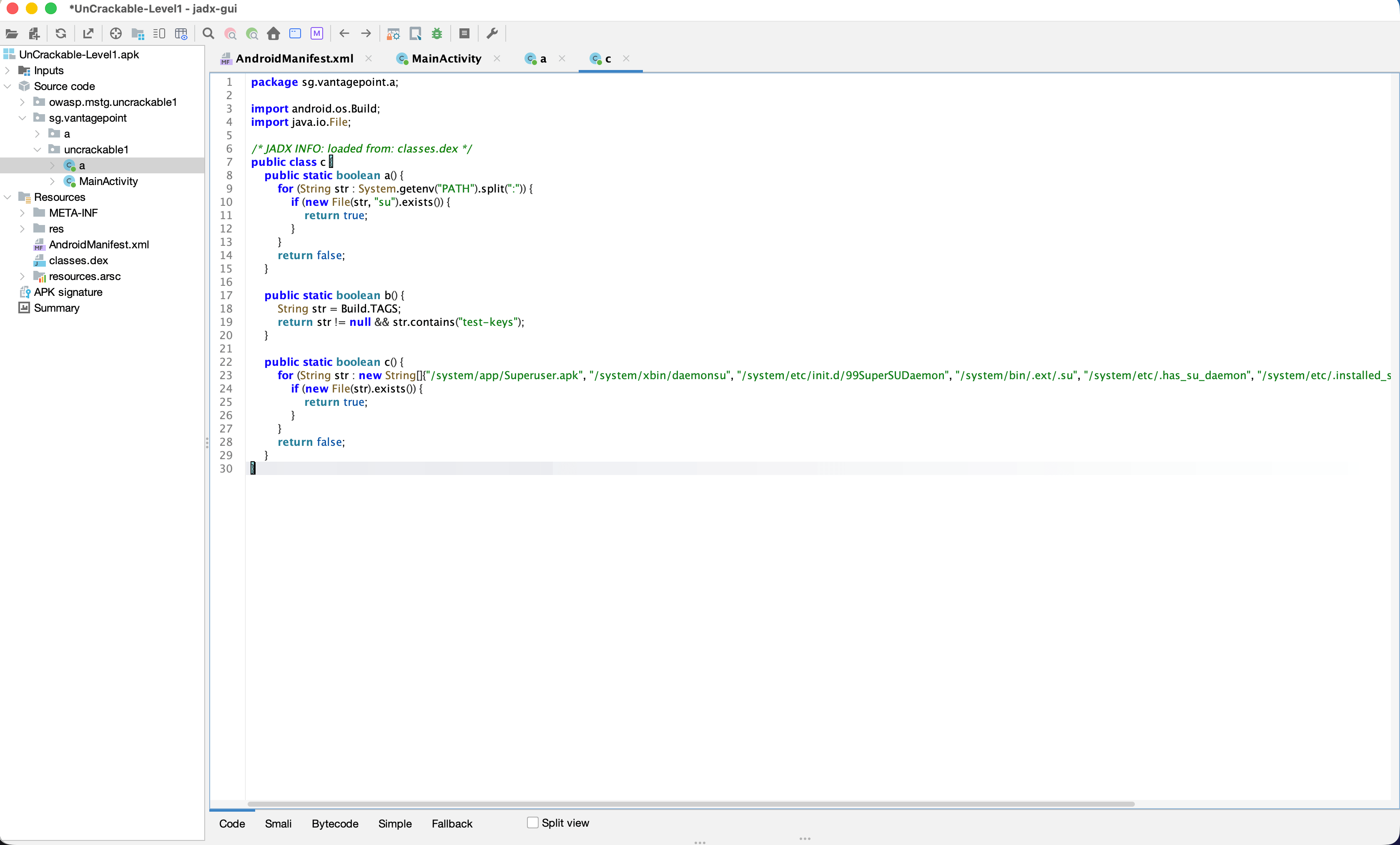 Decompiled helper class containing the three root checks