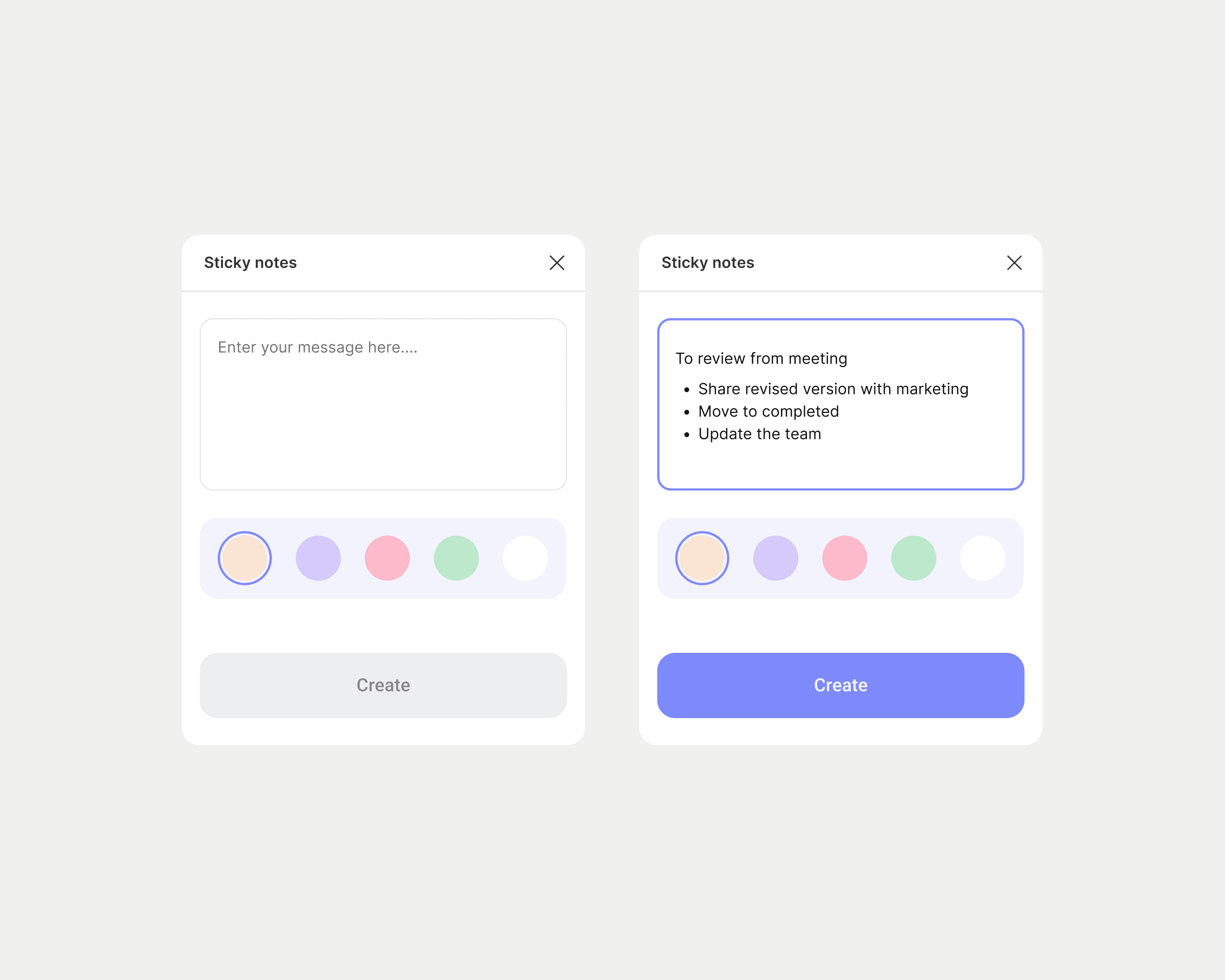 Two states of a Figma sticky notes plugin with note and colour controls