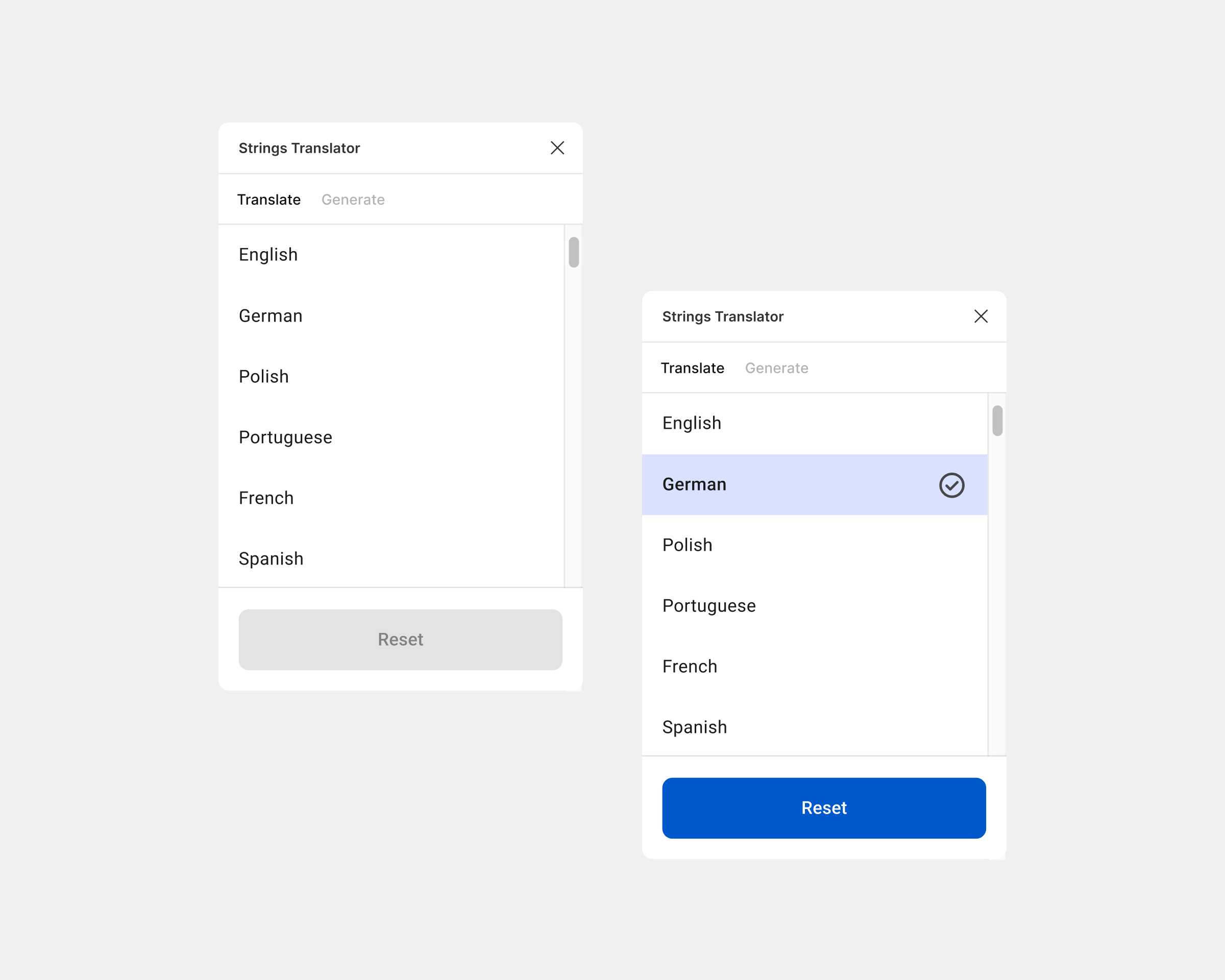 Two states of a Figma plugin listing languages for translating UI strings
