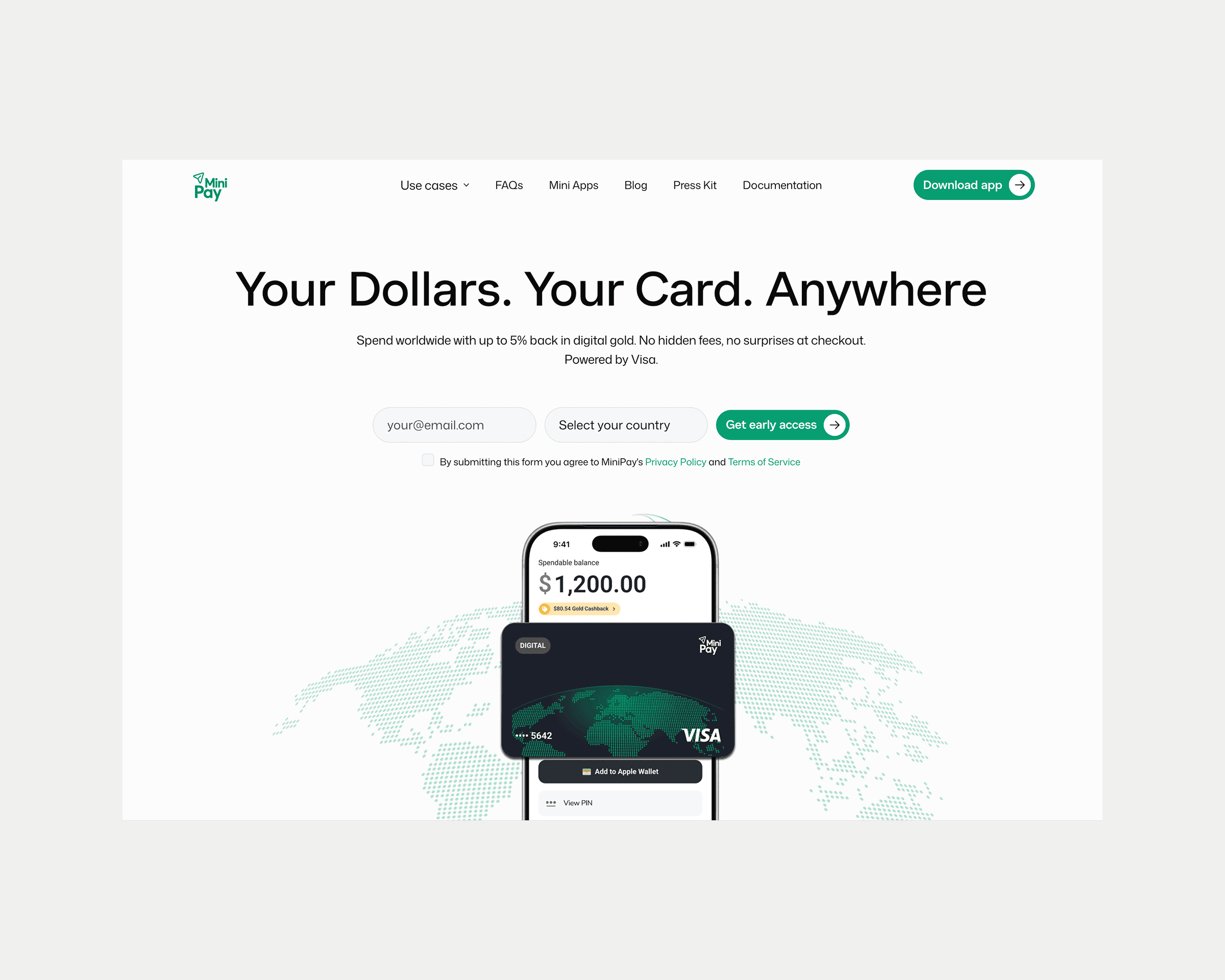 MiniPay digital card landing page with a signup form, phone mockup, and Visa card